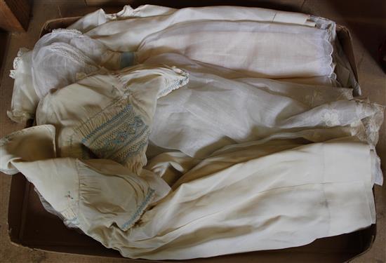 Early 20C silk babys day dress, similar boys smocked dress & 2 others